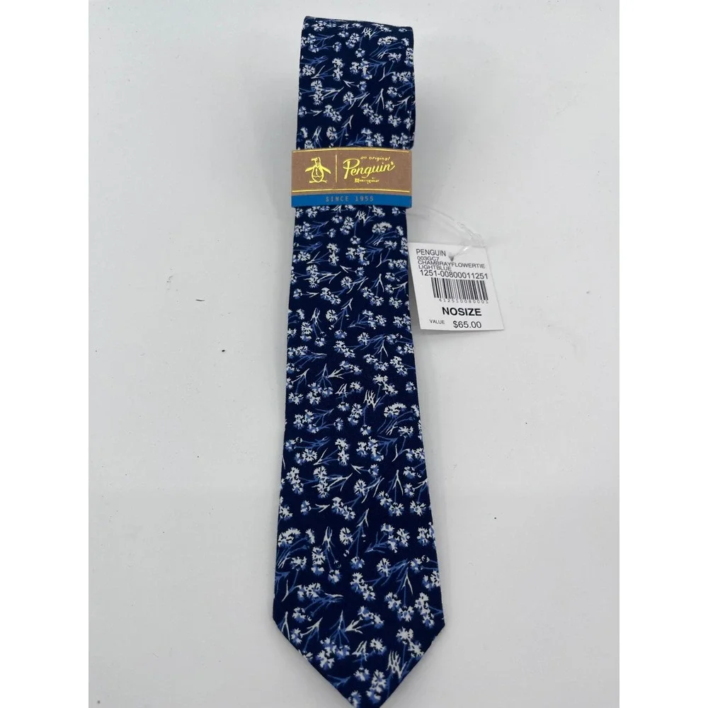 Original Penguin Mens Chambray Floral Skinny Tie Navy Blue White Cotton 003GC7